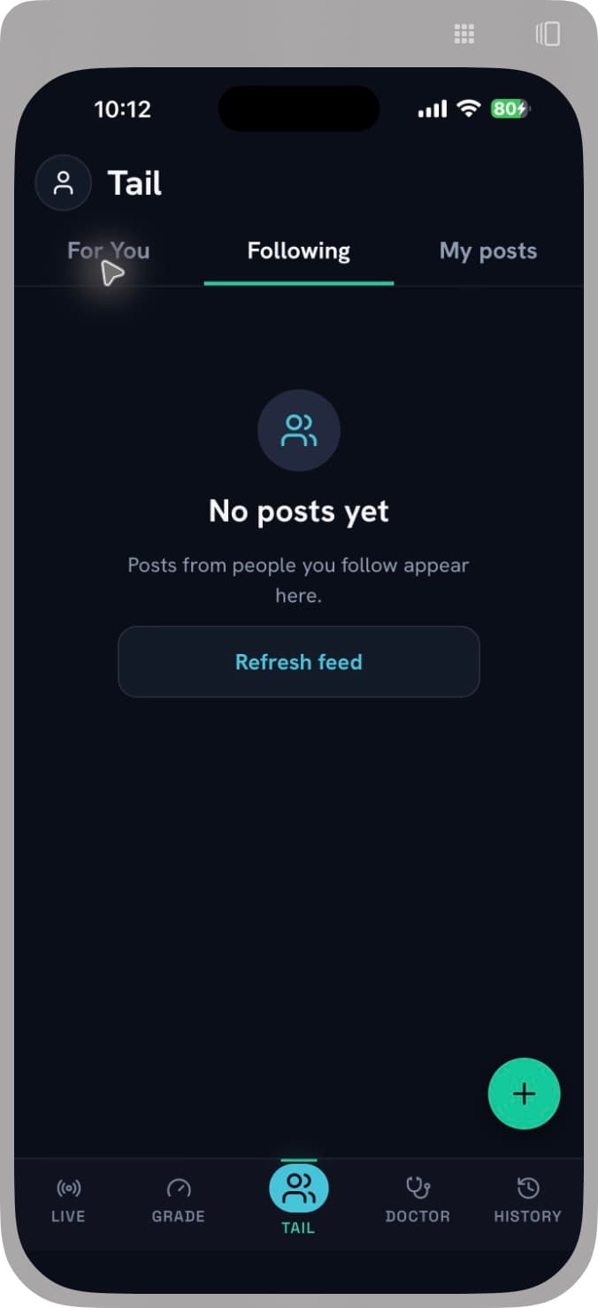 The actual Tail Following tab, showing where posts from followed bettors appear.